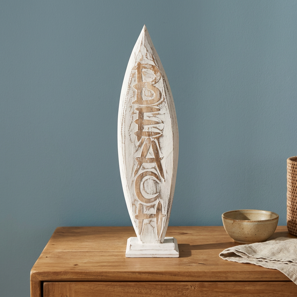 Distressed white standing ornament with vertical BEACH lettering on a timber cabinet against a muted blue wall