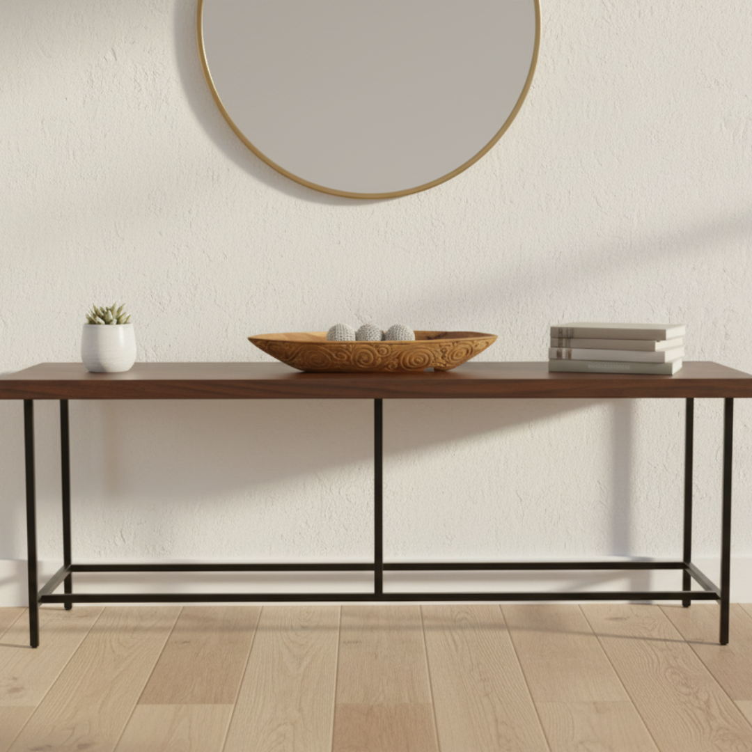 Carved teak wood boat tray styled as a centrepiece on a dark timber console table in a warm home entryway setting