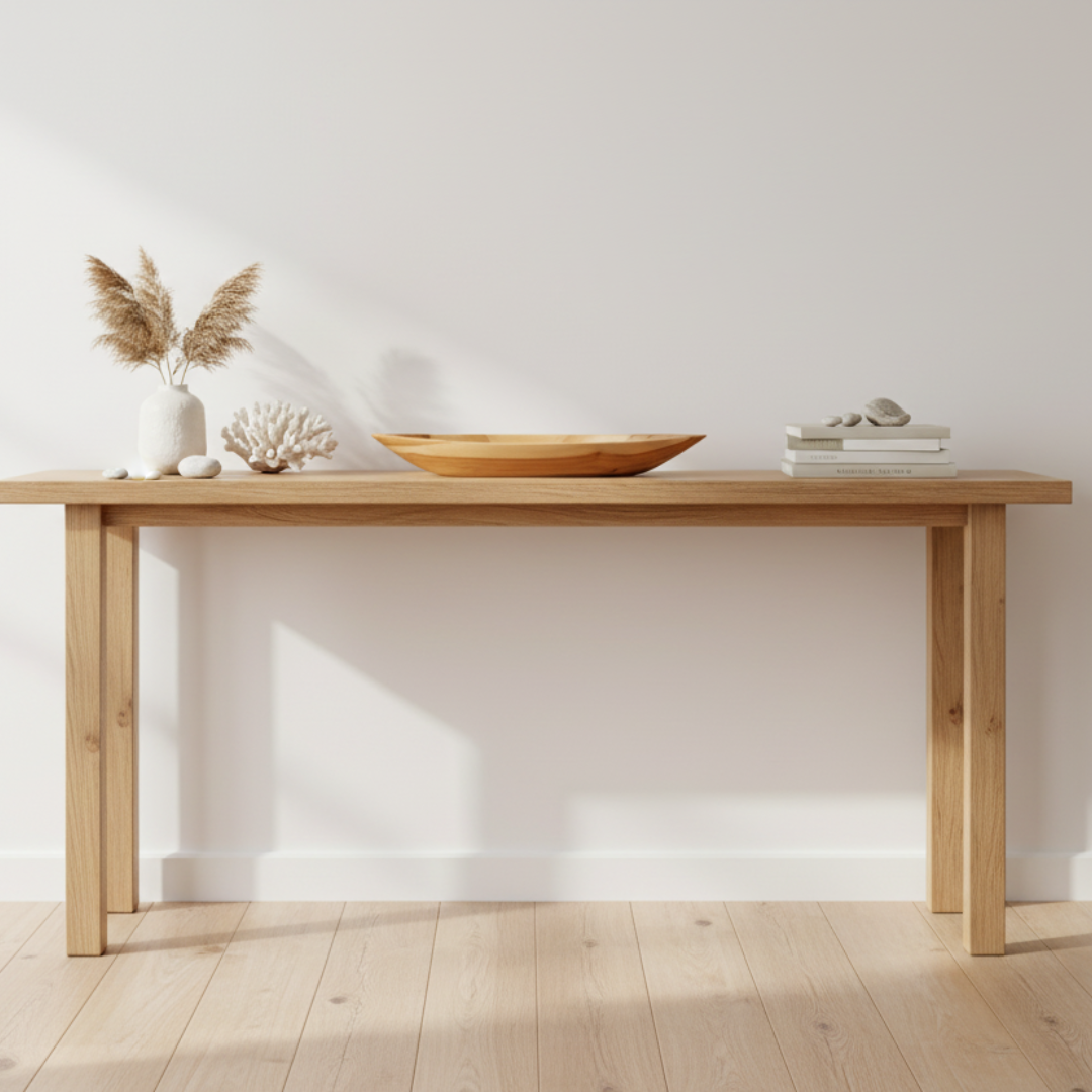 Natural teak wood boat tray styled on a coastal console table with pampas grass, white coral and linen books