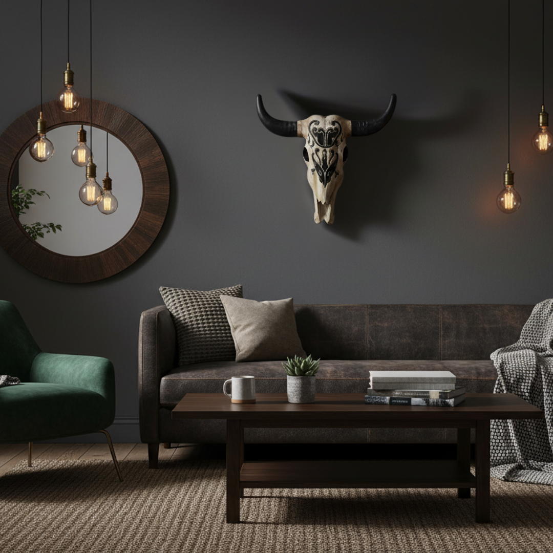Black tribal patterned piece with dark horns mounted in a moody living room