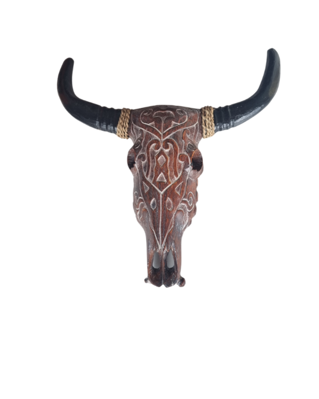 Wooden bull skull wall carving in brown wash finish with hand-carved tribal pattern and dark horns | Azure Decor