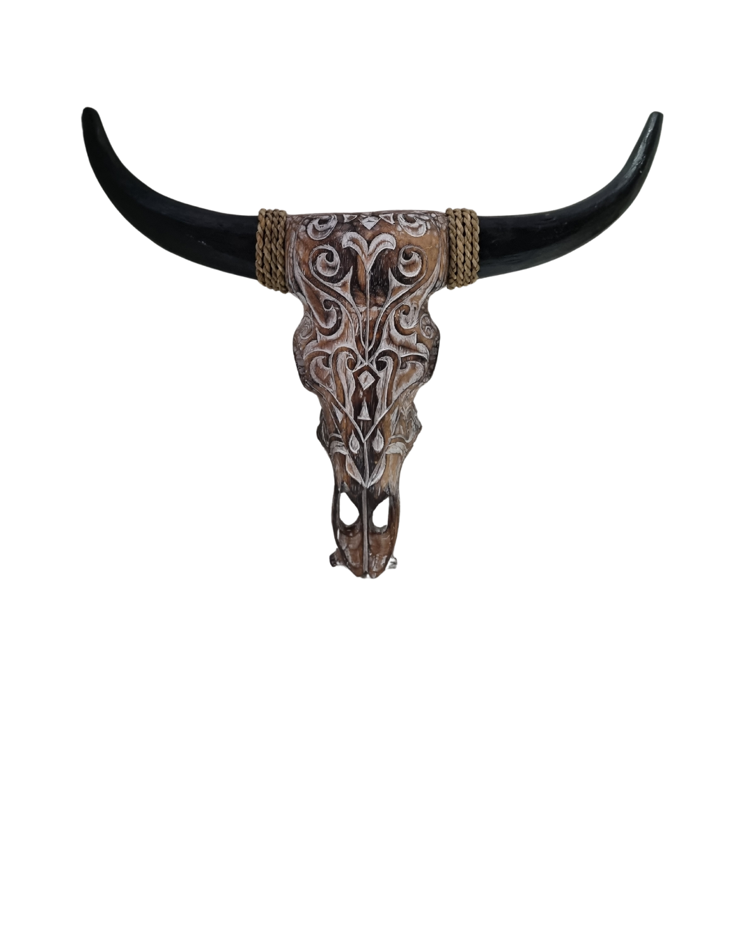 Wooden bull skull wall carving in brown wash finish with hand-carved tribal pattern and dark horns | Azure Decor