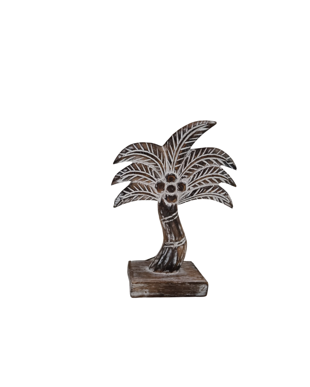 A rustic wooden palm trees in varying sizes, all with a distressed brown finish.