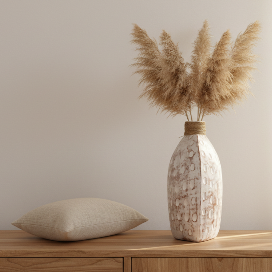 Tall oval white wash vase with raised dot texture and jute collar holding dried pampas grass, styled on a timber sideboard with a linen cushion