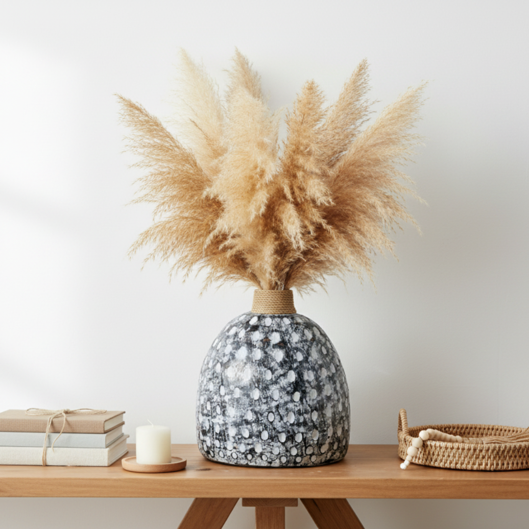 Black wash dome pot with raised dot pattern on a marble side table with a linen cushion