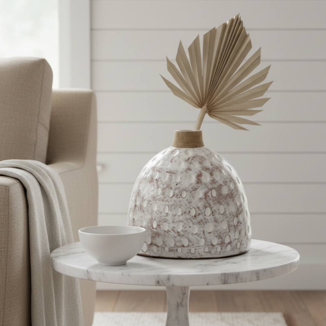Wide dome pot with distressed white finish and rope collar styled with pampas grass on a timber sideboard