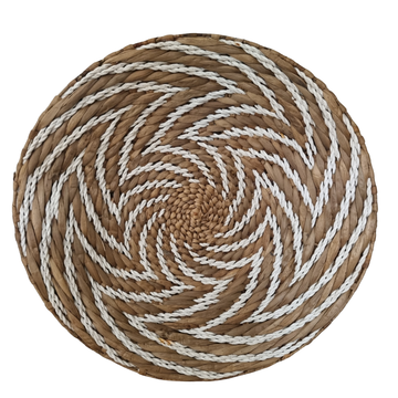 Round woven mat with brown and white pattern on a white background