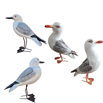 Four seagull figures on a white background