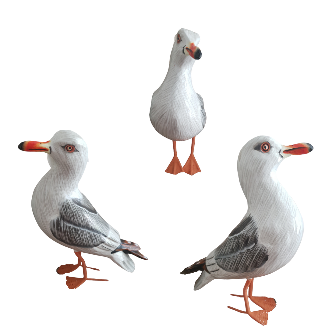 Three seagull figures on a white background