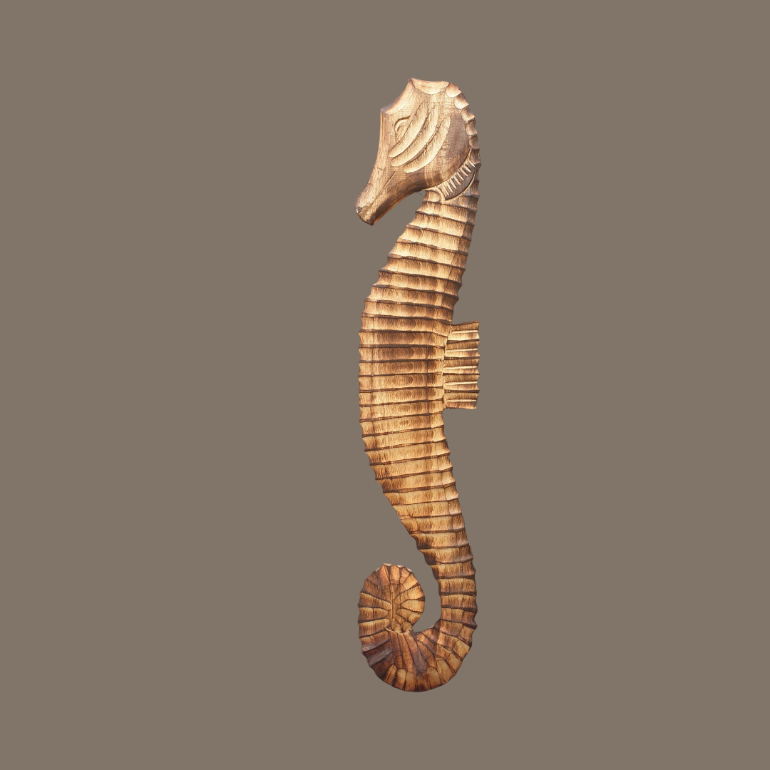 Wooden seahorse figurine on a gray background