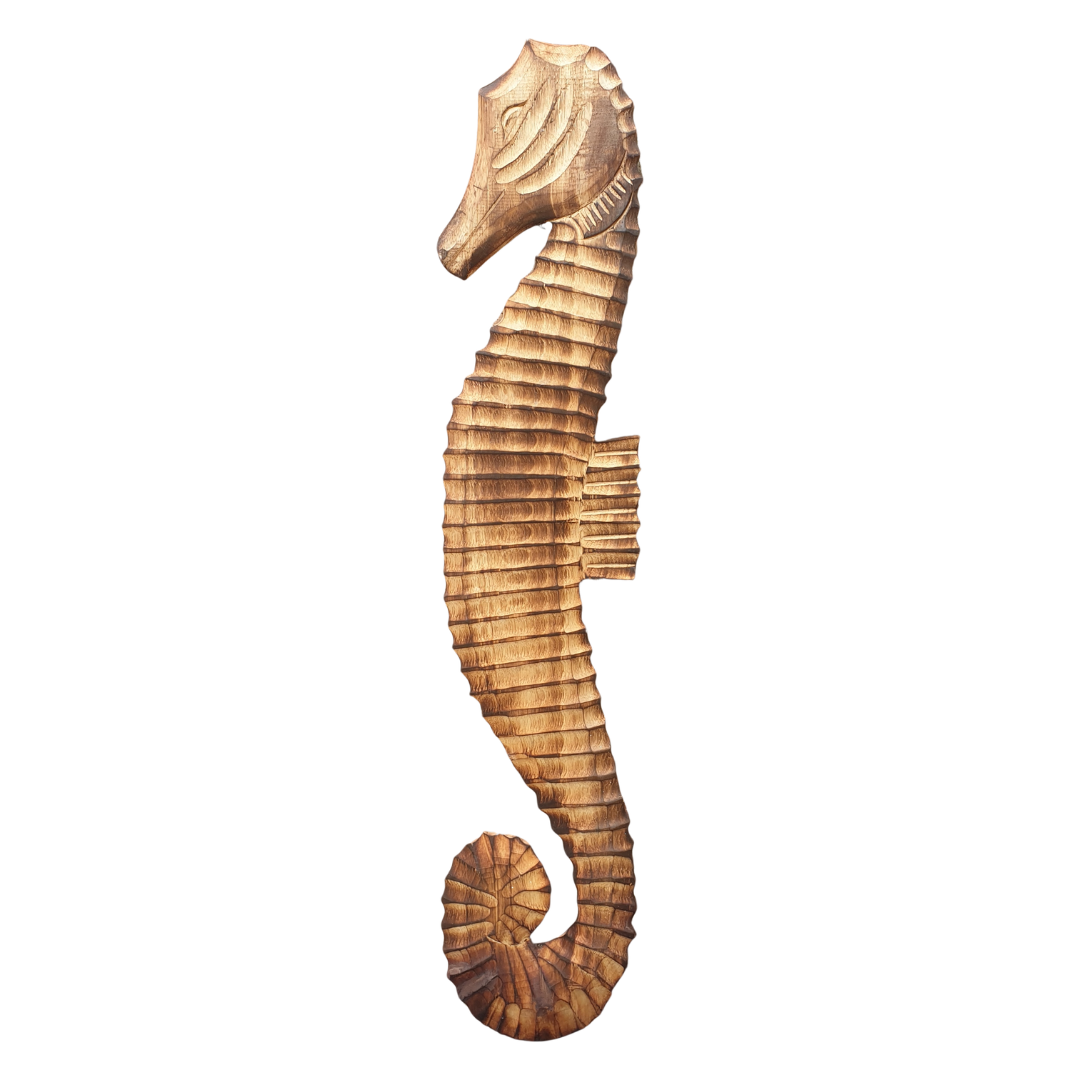 Wooden seahorse sculpture on a white background