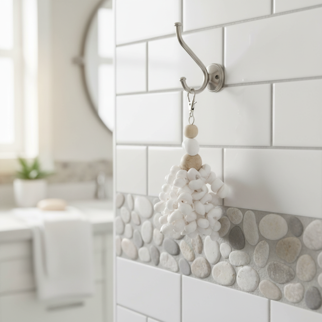 White shell tassel with wooden beads hanging from a towel hook in a spa-style coastal bathroom with white tiles and pebble accents