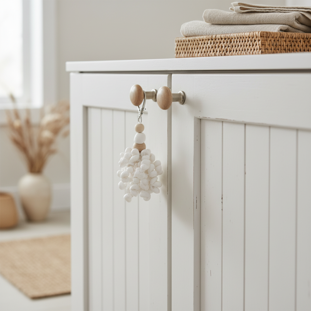 White shell tassel with wooden beads clipped to a whitewashed timber cupboard door handle in a coastal home interior