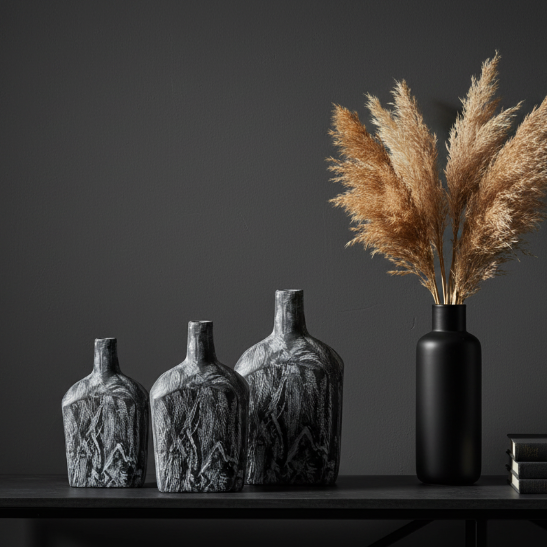 Set of three handcrafted black timber bottle decor in small, medium and large grouped on a dark console table with dried pampas grass and linen books — luxury home styling
