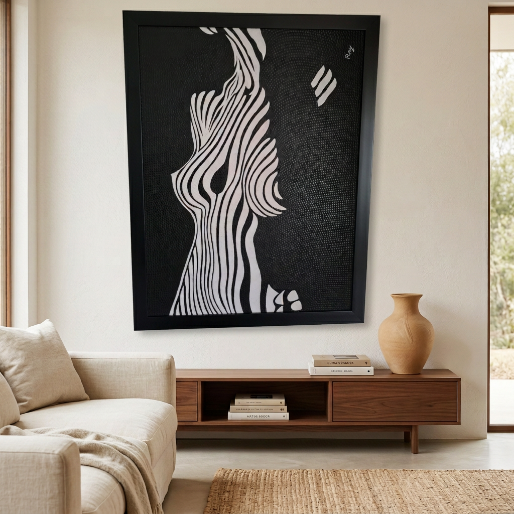 Black-framed flowing silhouette artwork above a timber cabinet beside a cream sofa, with a large ochre vase and woven rug.