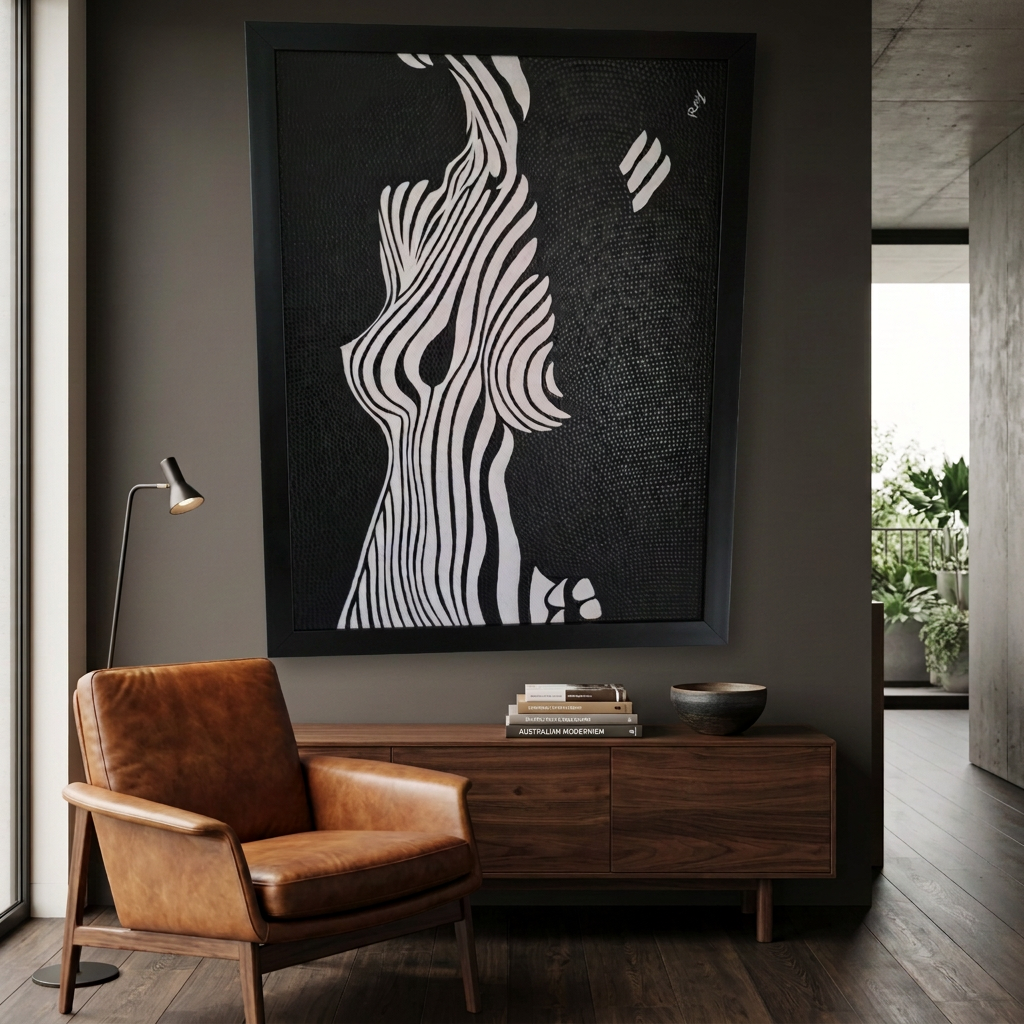 Female silhouette dot painting above a walnut sideboard beside a cognac leather chair.