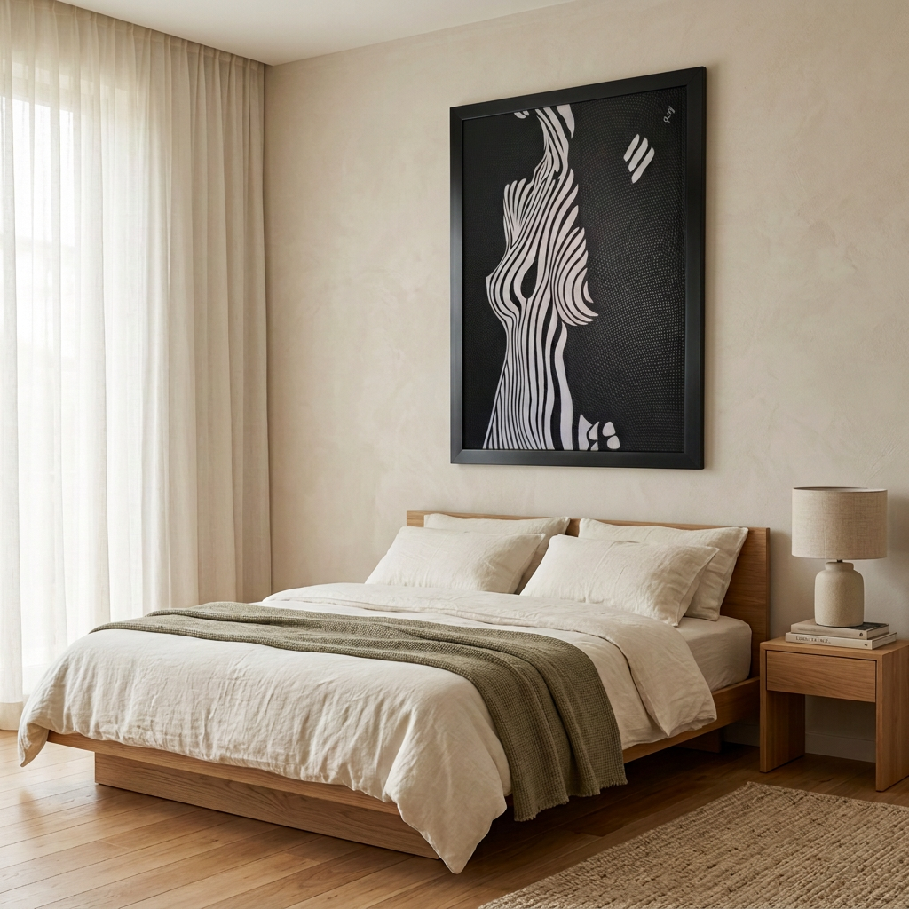 Black-framed flowing silhouette artwork above a timber bed with ivory bedding, an olive throw and sheer curtains