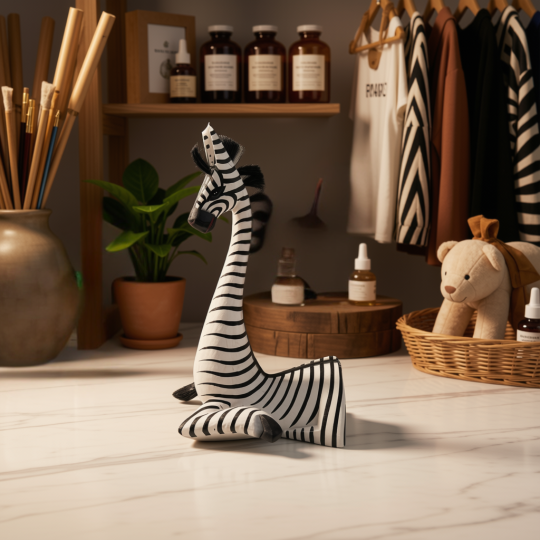 Handcarved wooden sitting zebra statue styled on a timber desk with books and a green plant