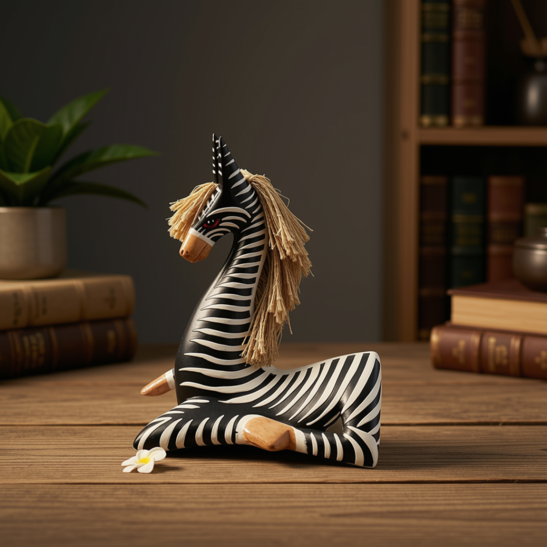 Sitting Zebra Statues Wooden Designs sitting on a wooden tabletop, with a small white flower in front. The background shows a softly blurred bookshelf and plant.