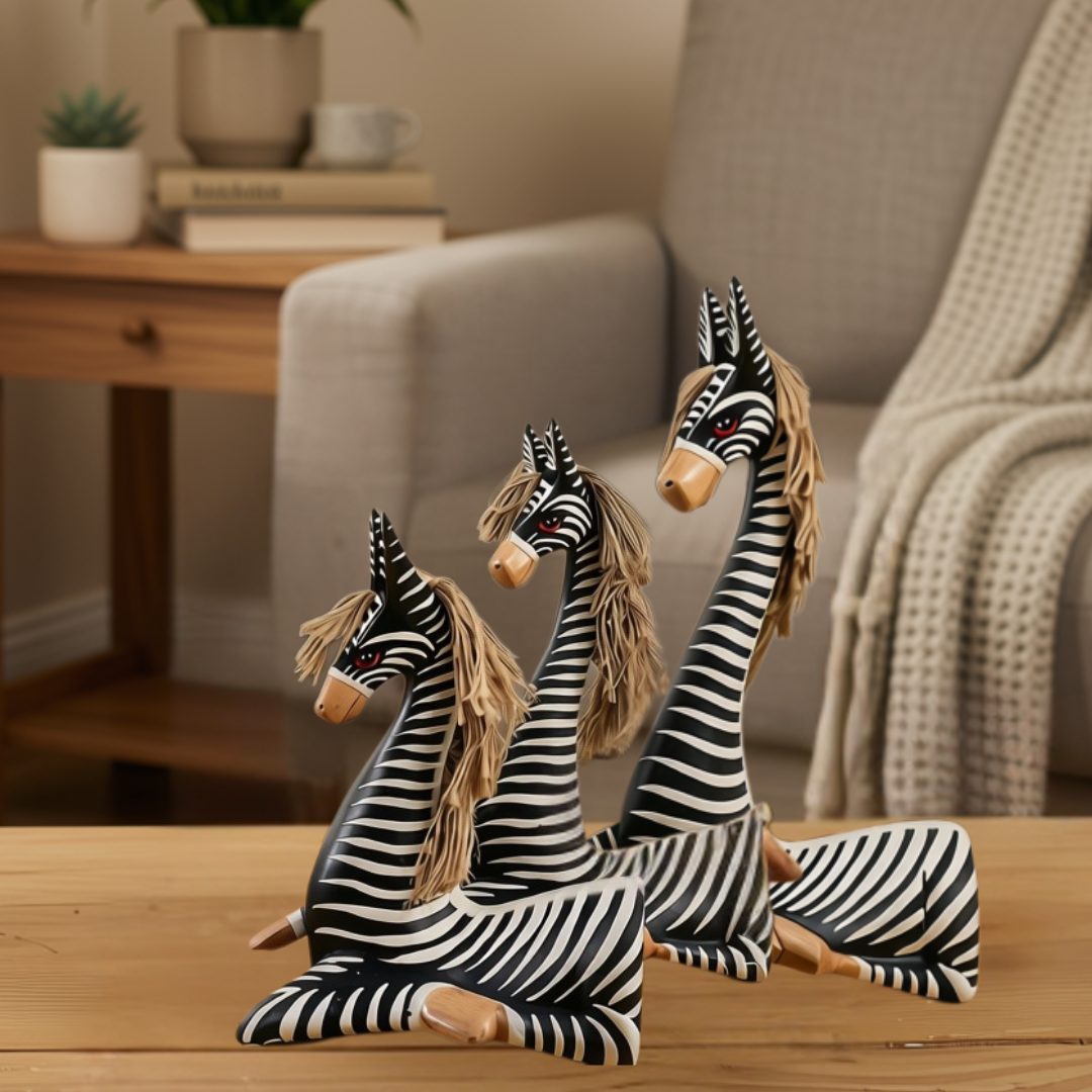 Set of three black and white striped figurines displayed on a timber sideboard