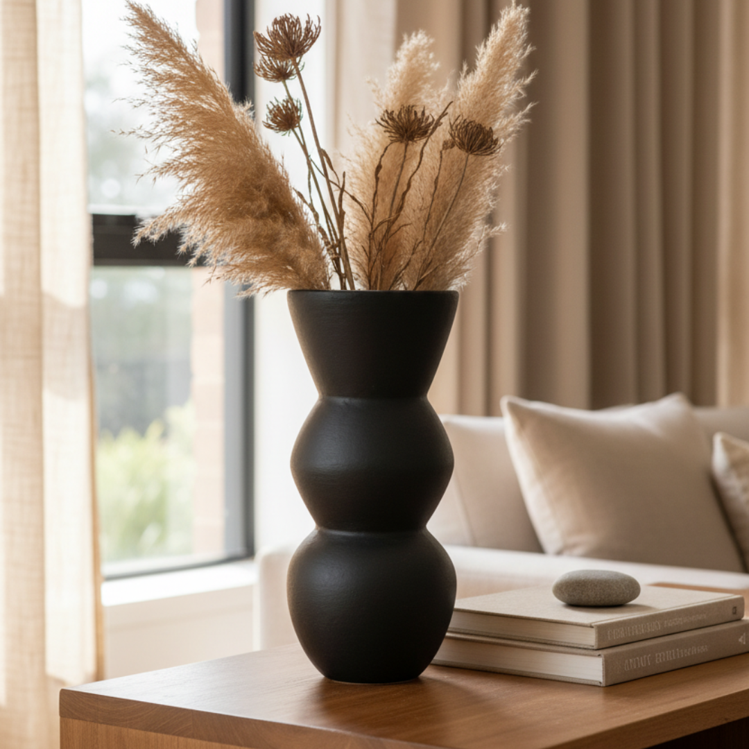 Matte black sculptural object styled on a timber sideboard with dried pampas grass in a warm contemporary living room