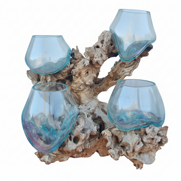 Decorative piece with blue glass holders on a natural wood and coral base 7.2