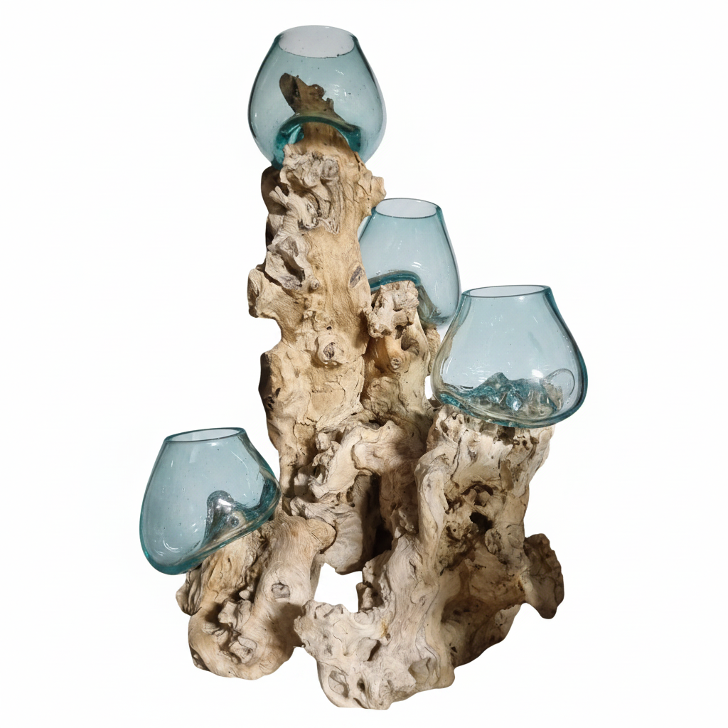 Decorative piece with glass bowls on a wooden base against a white background 3-1