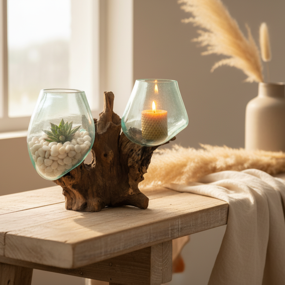 Slumped Glass on Driftwood 2 Bowl Style styled on coastal console table with succulent and candle