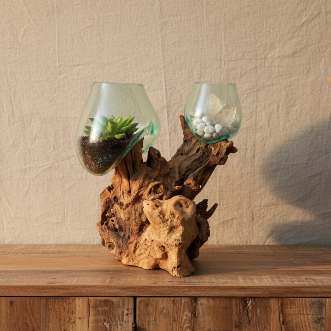 Decorative piece with two glass containers on a wooden base against a beige wall.
