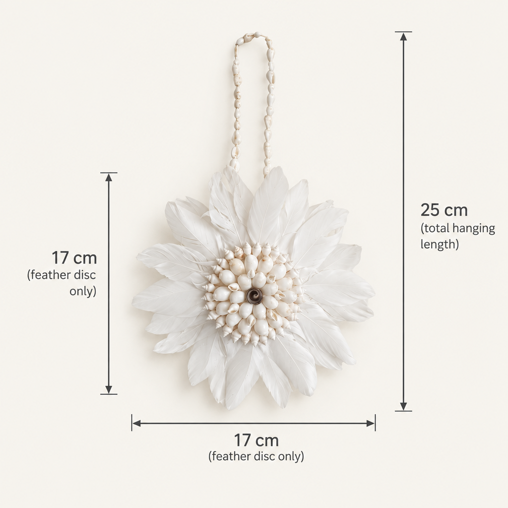 White feather and shell hanging showing a 17 x 17 cm decorative disc and 25 cm total hanging length.