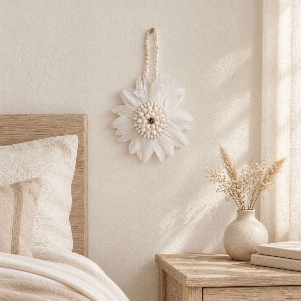 Small white juju wall décor above a pale timber bedside table in a softly styled coastal bedroom.