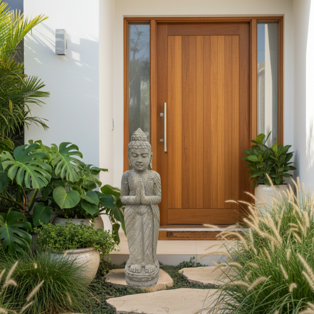 Dark olive-grey carved figure beside a modern coastal home entry with a timber door, monstera, ornamental grasses and stepping stones