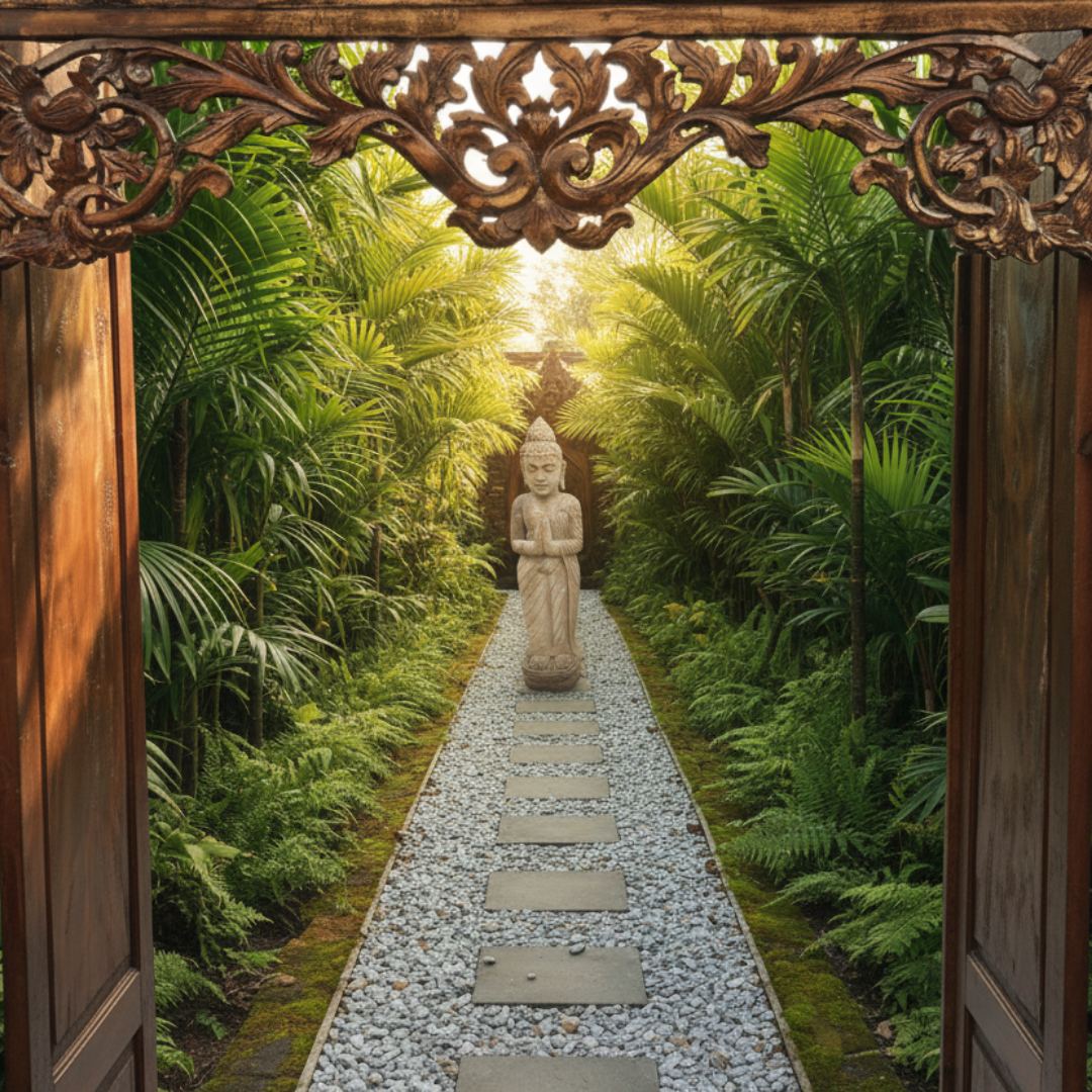 View through ornate carved Balinese timber doors down a white gravel pathway lined with tropical palms leading to a carved figure in golden light
