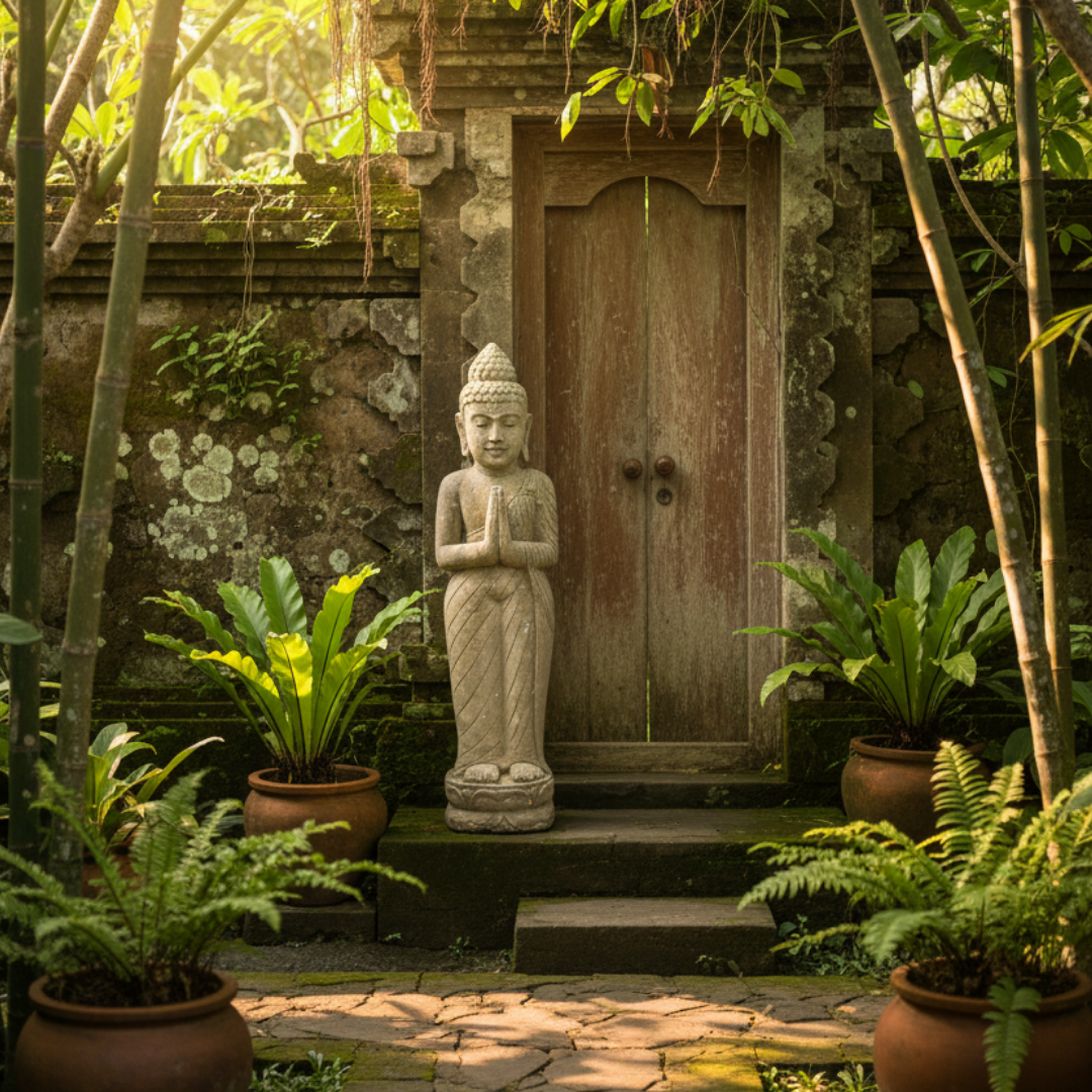 Standing stone garden statue with namaste hands styled in front of a rustic Balinese timber door surrounded by tropical ferns, bamboo and terracotta pots in warm golden light