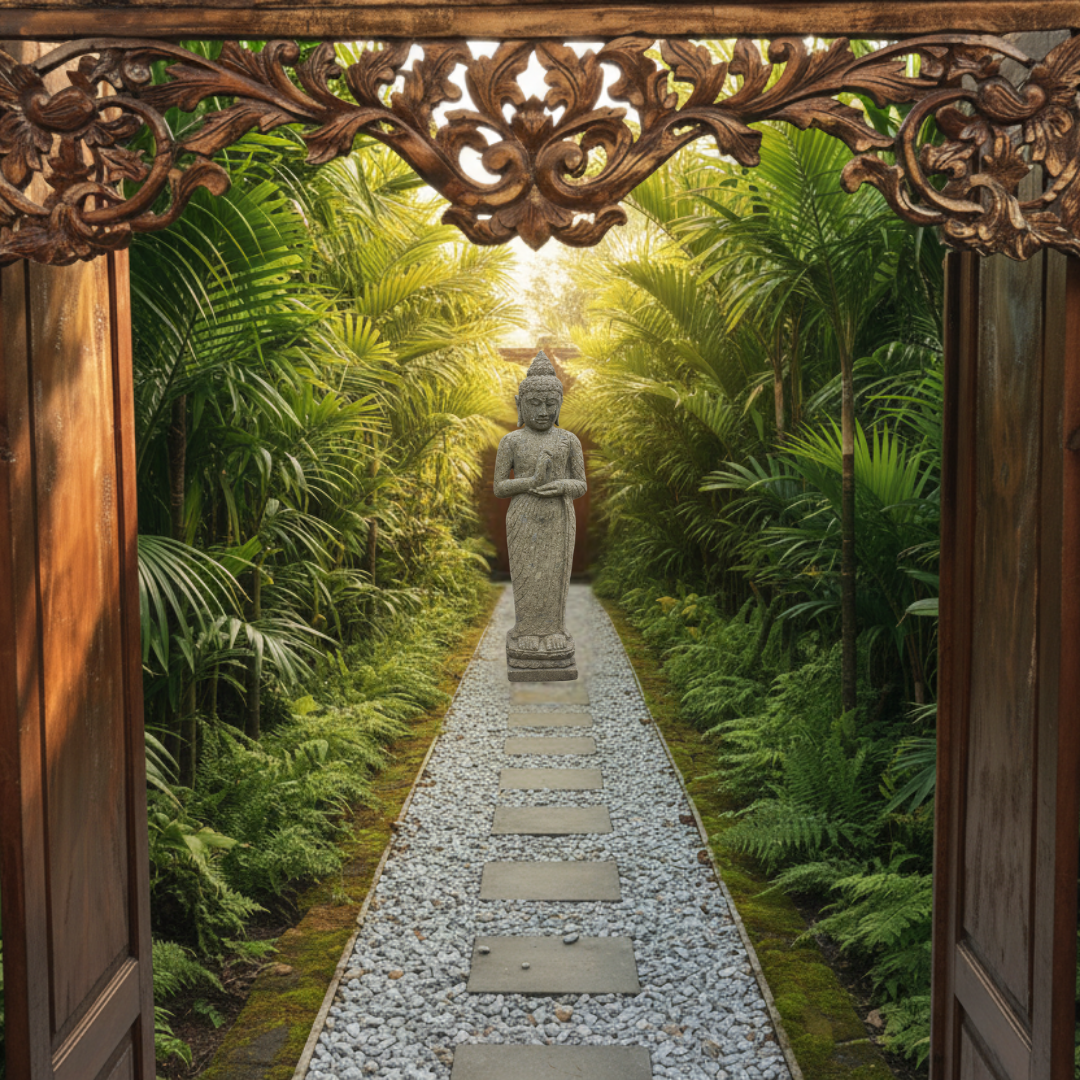 View through ornate carved Balinese timber doors down a white gravel and stepping stone pathway lined with tropical palms and ferns leading to a garden statue in golden light