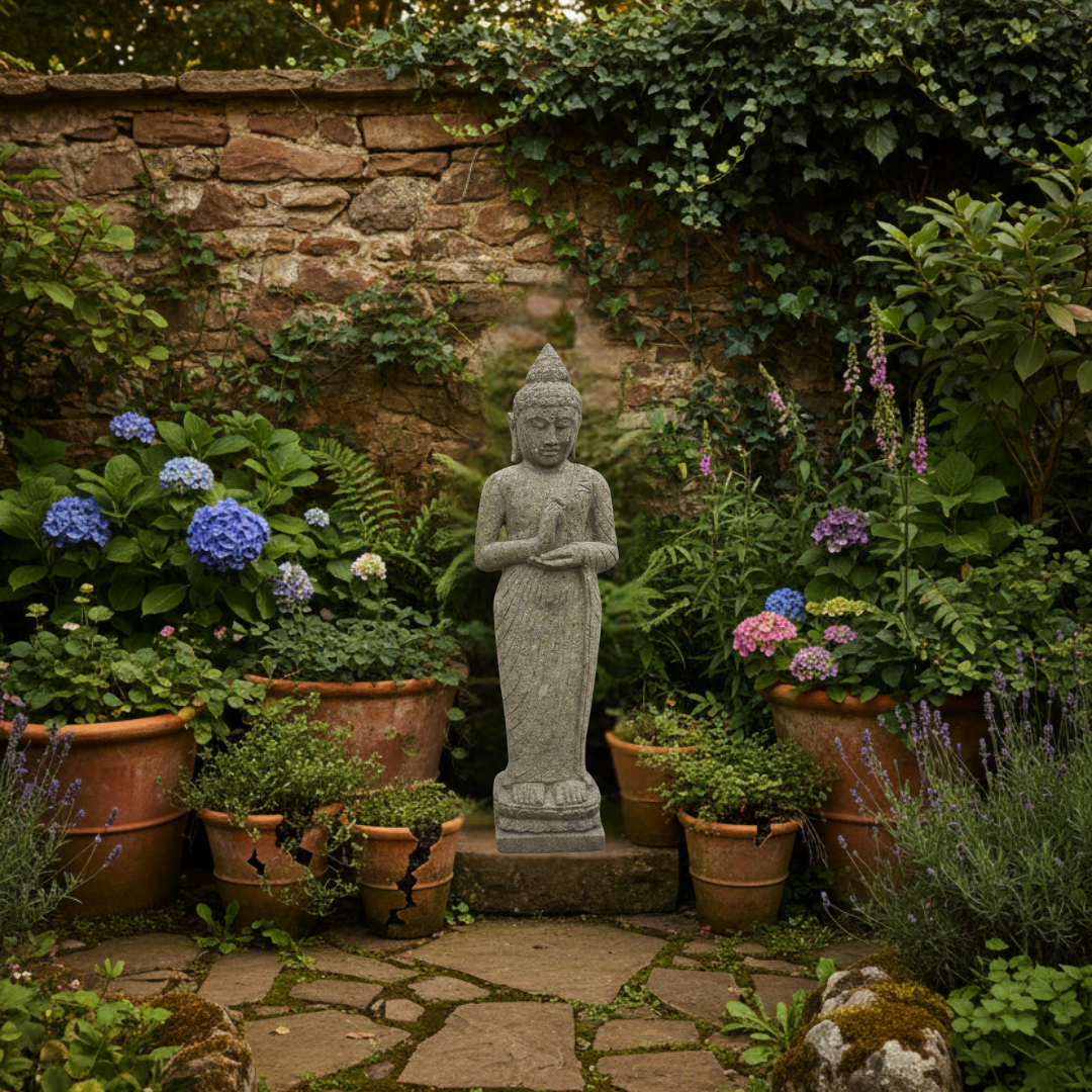 Carved figure with namaste hands styled in front of a rustic Balinese timber door surrounded by tropical ferns, bamboo and terracotta pots