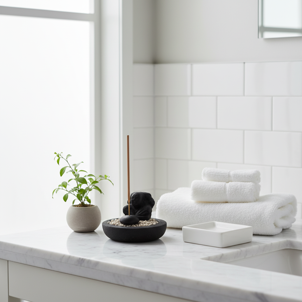 Two black stone Shaolin monk figures on a round black pebble bowl with an scented stick stick, styled on a white marble bathroom vanity with a small green plant, folded white towels and a soap dish in soft natural light
