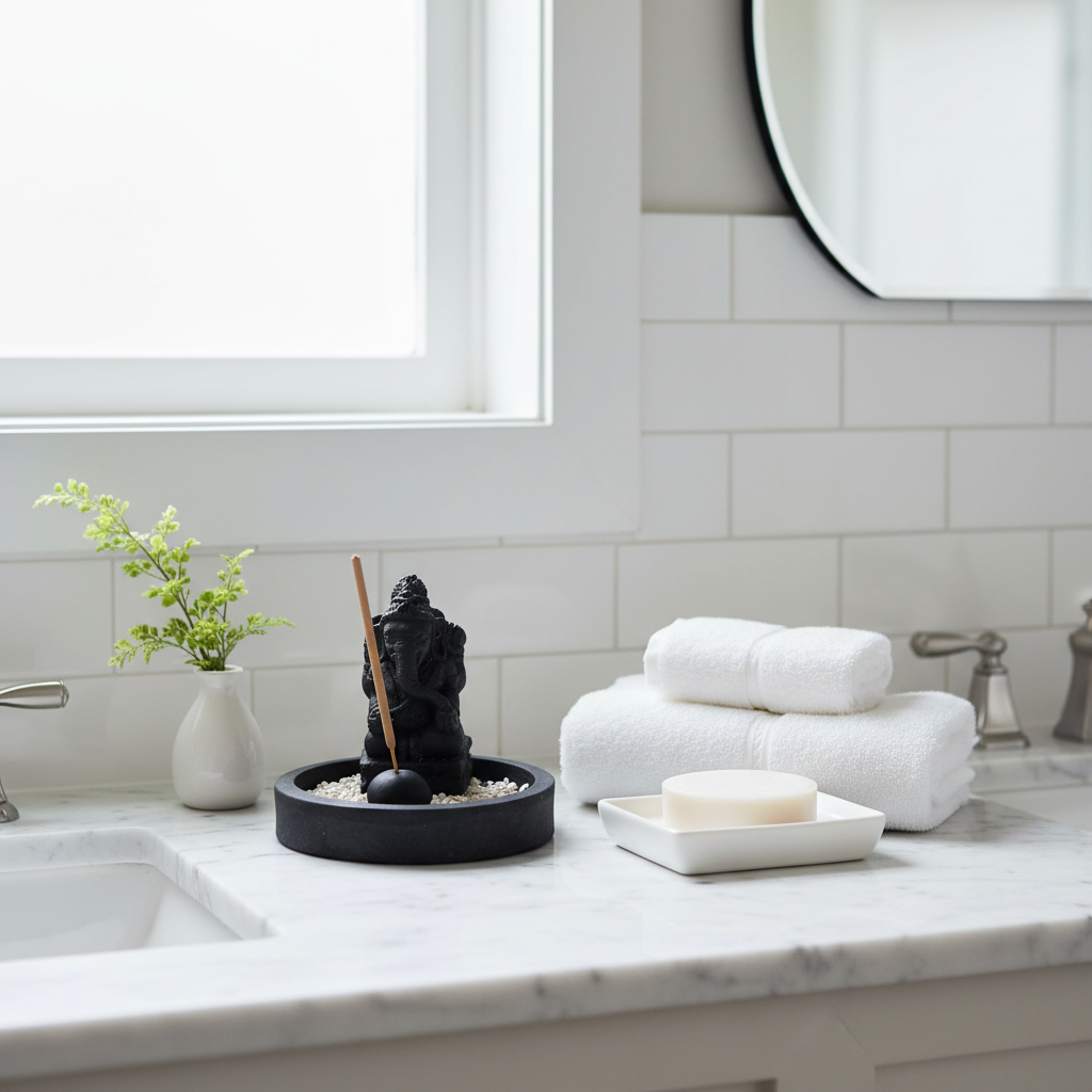 Black stone Ganesha figure on a round black pebble bowl with an scented stick, styled on a white marble bathroom vanity with a small green plant, folded white towels and a soap dish in soft natural light