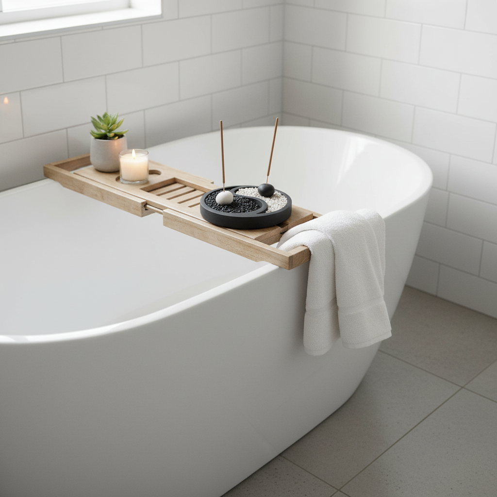 Black stone Yin Yang incense holder with black and white pebbles and two incense sticks, styled on a timber bath caddy over a freestanding white bathtub with a small green plant and white candle in a soft spa bathroom