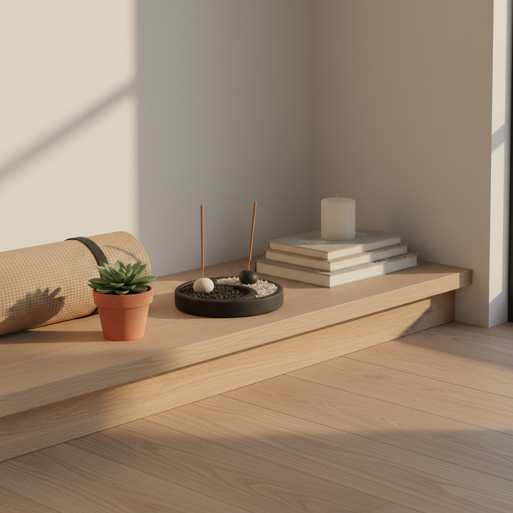 Black stone Yin Yang incense holder with black and white pebbles and two incense sticks, styled on a low timber shelf in a meditation corner with a rolled yoga mat, small succulent, stacked books and a white pillar candle