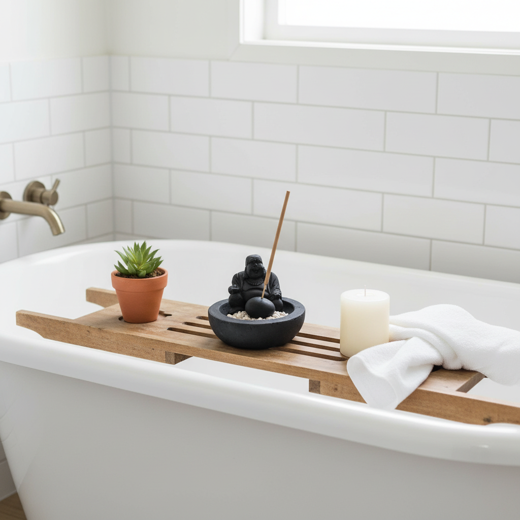 Black stone Laughing Buddha figure with round belly on a white pebble bowl with an incense stick, styled on a timber bath caddy over a freestanding white bathtub with a green plant and white candle
