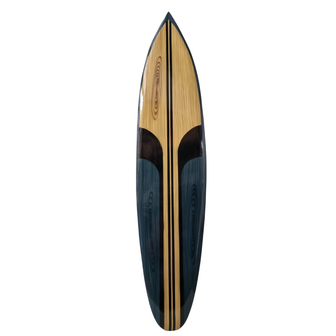 wooden surfboard wall art on a white back wall