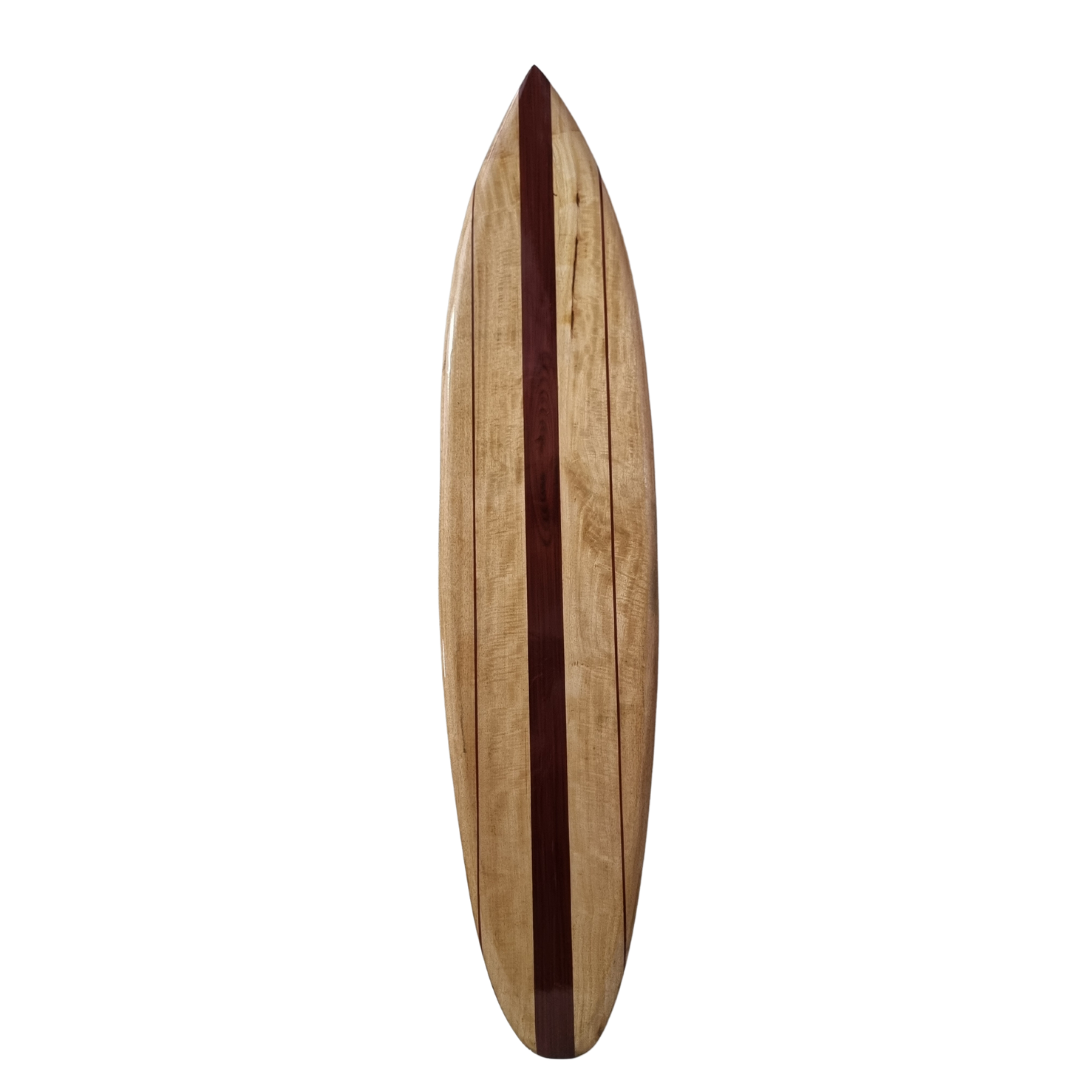 wooden surf board wall art with brown stripes on a white wall 