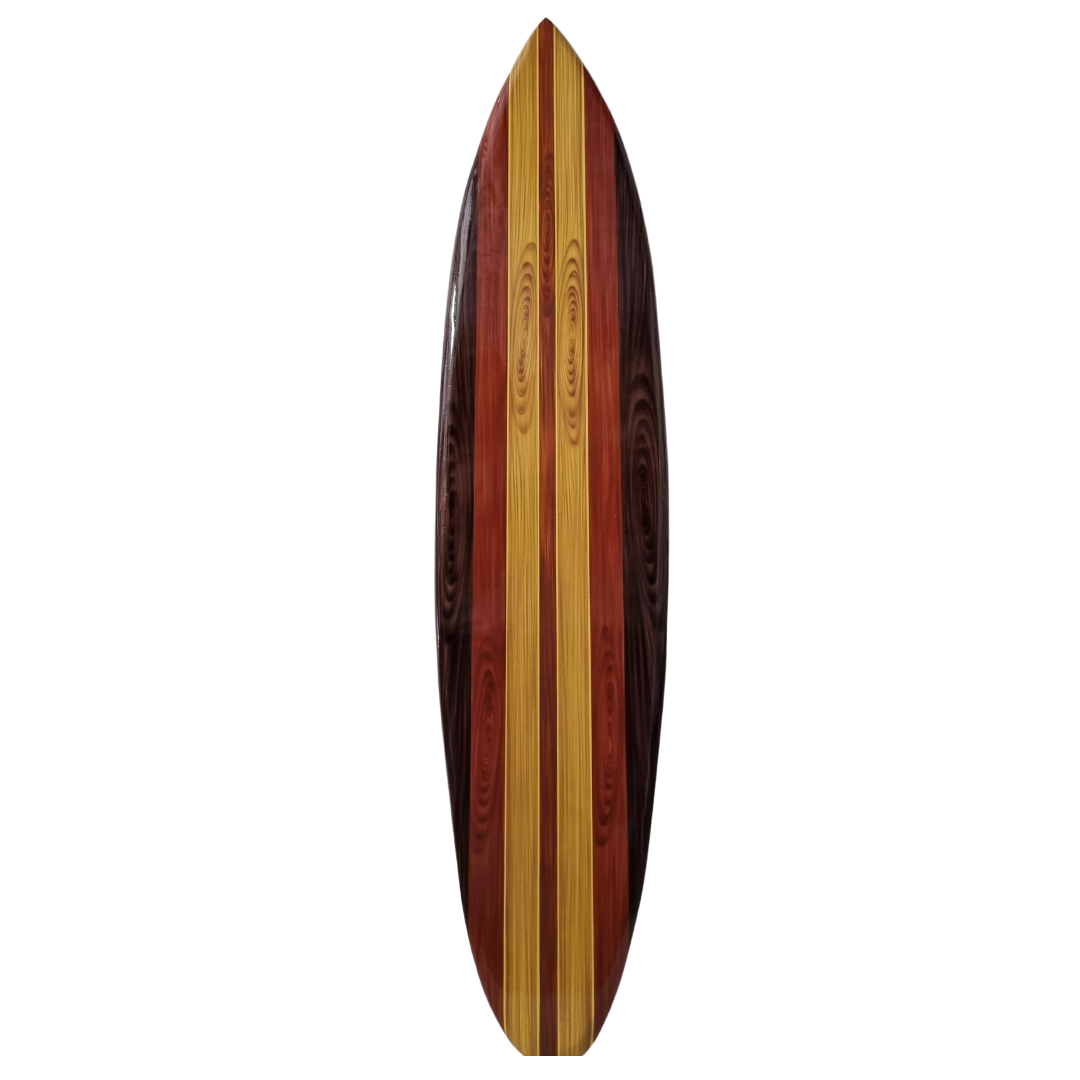 wooden surfboard based on brown tones on a white back wall 