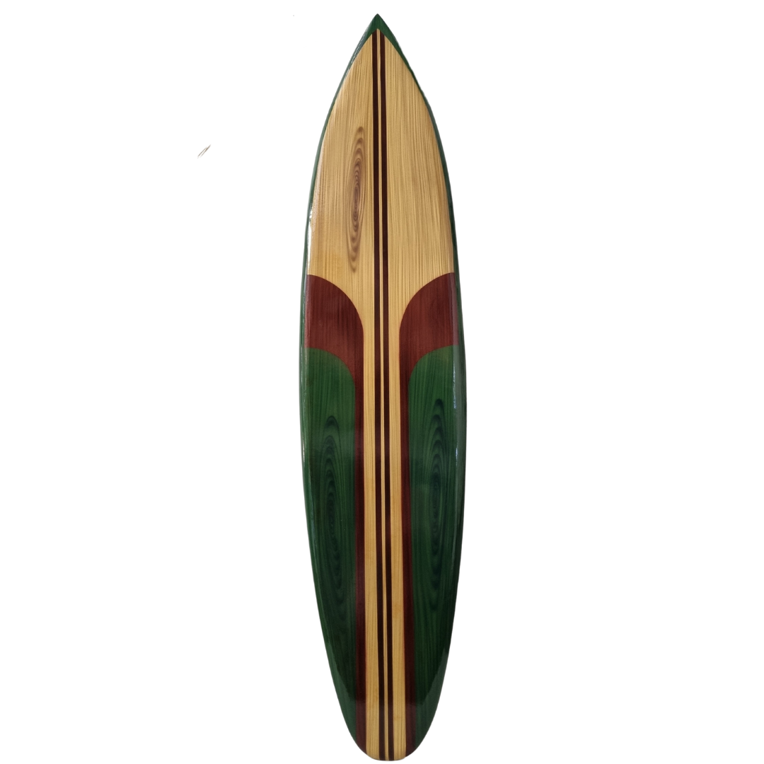 A collection of surf board wall art pieces with various solid colors and designs, arranged vertically.