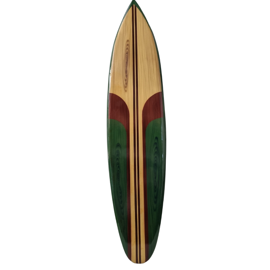 wooden surfboard wall art on a white back wall 