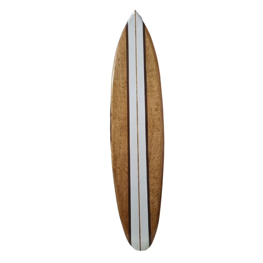 A collection of surf board wall art pieces with various solid colors and designs, arranged vertically.