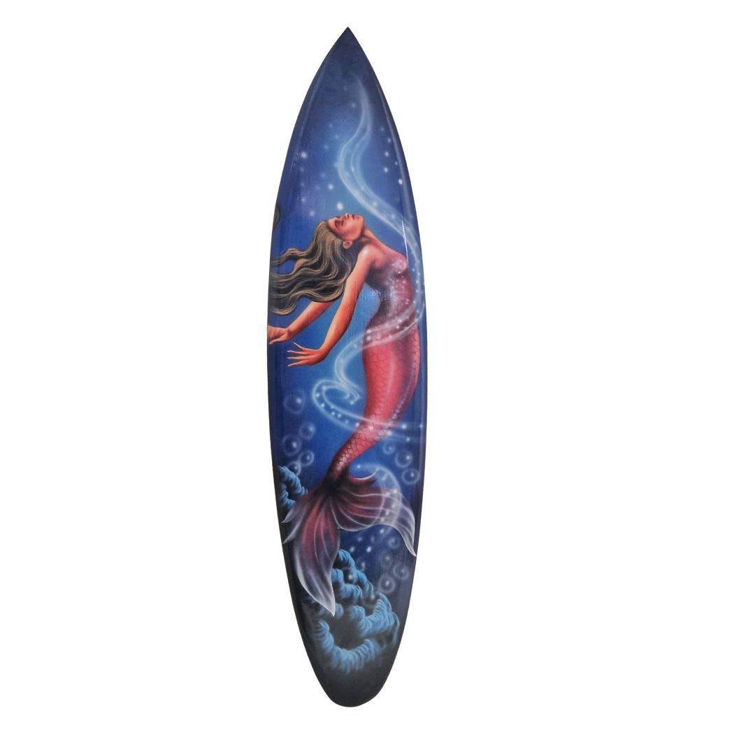 Surfboard with mermaid design on a white background