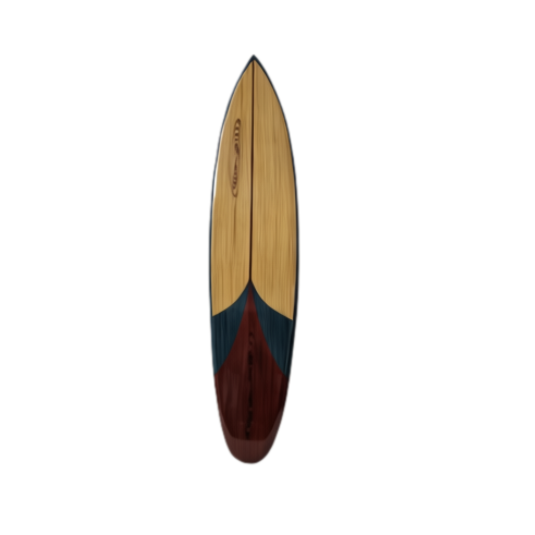 Vertical timber piece in natural wood, blue and deep red tones against a white background.