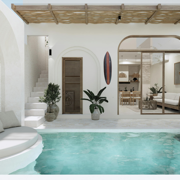 Modern indoor pool area with white walls, wooden pergola, and a view into a living room. Surfboard Wall Art